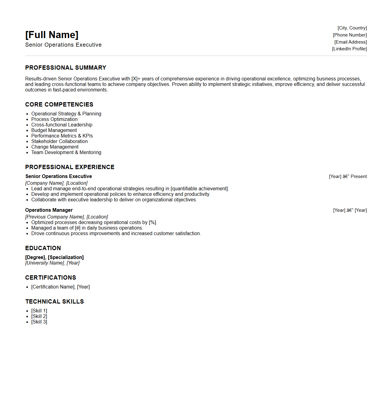 Senior Operations Executive Resume Template