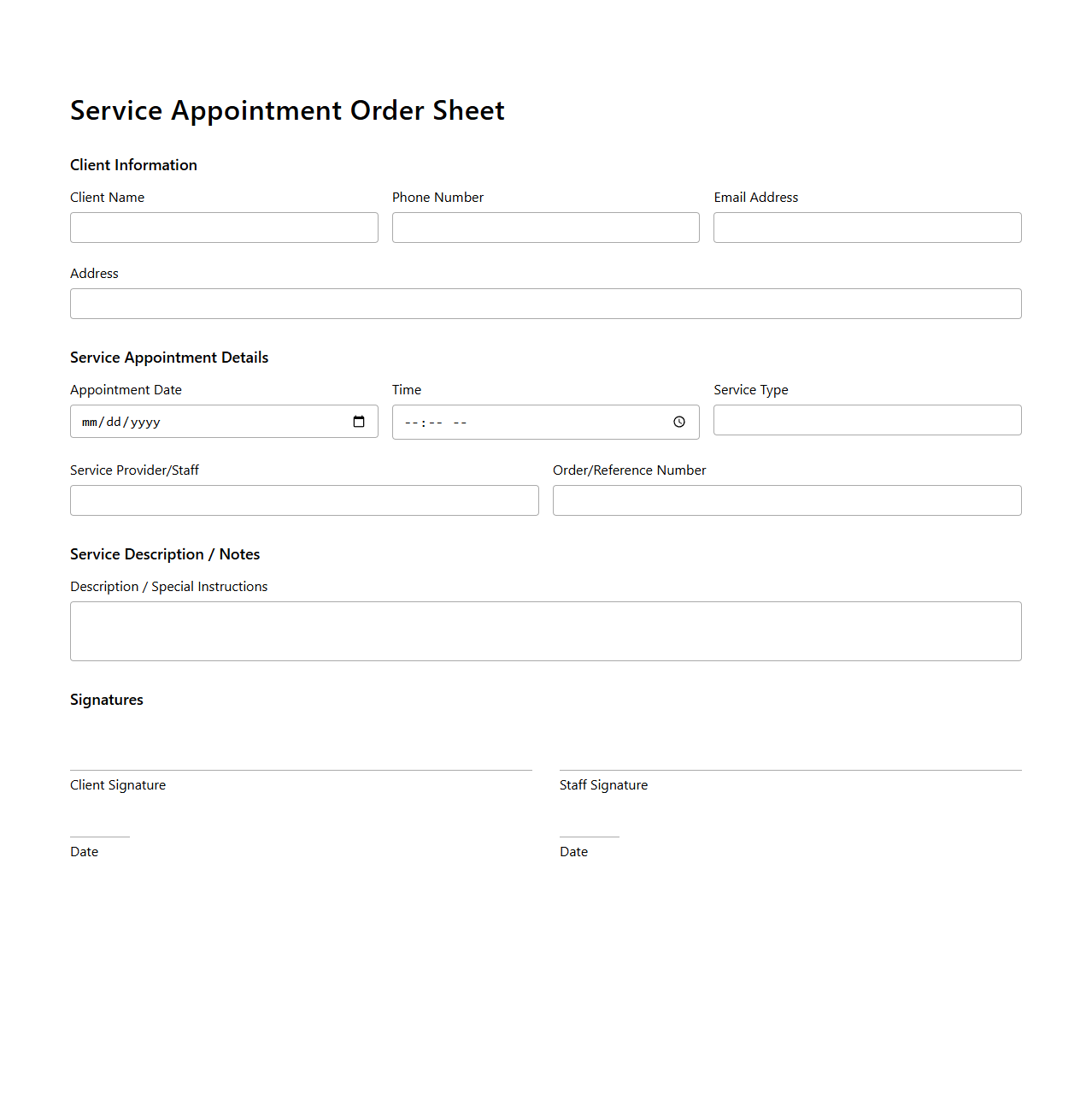 Service Appointment Order Sheet for Client Services