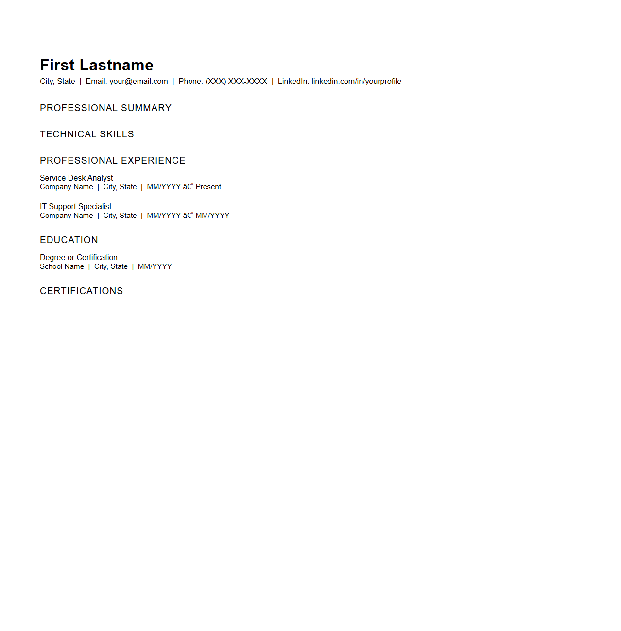 Service Desk Analyst Resume Skeleton