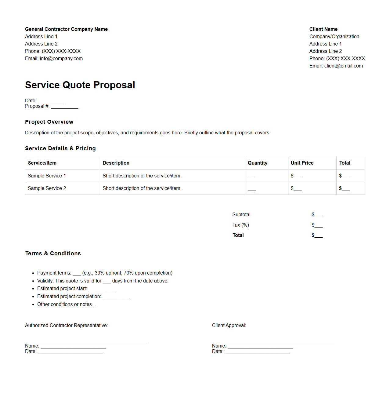 Service Quote Proposal Format for General Contractors