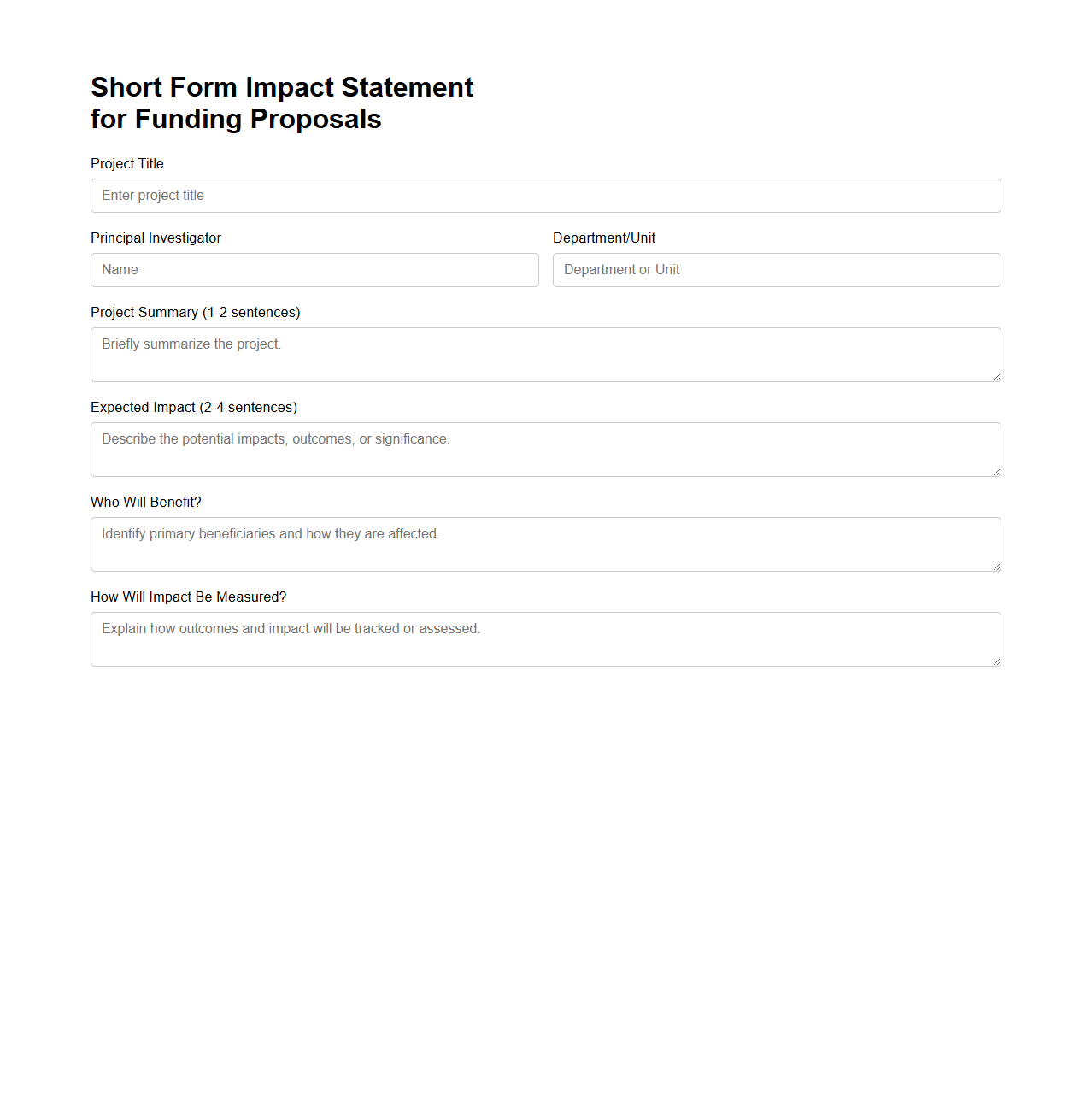 Short Form Impact Statement for Funding Proposals