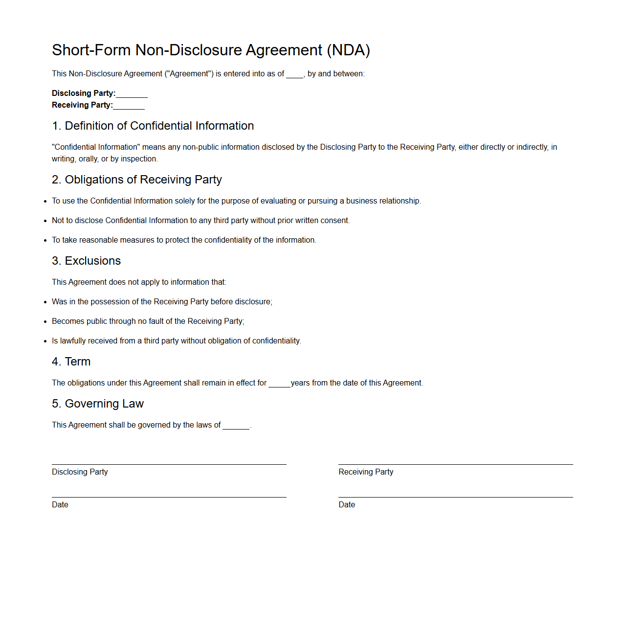 Short-Form Non-Disclosure Agreement