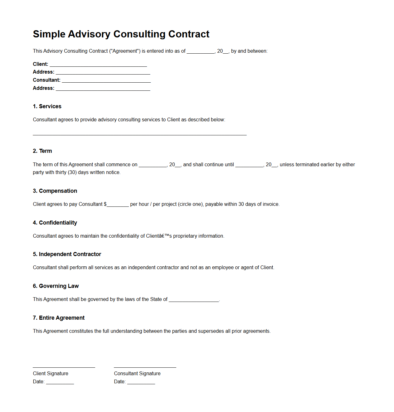 Simple Advisory Consulting Contract Sample