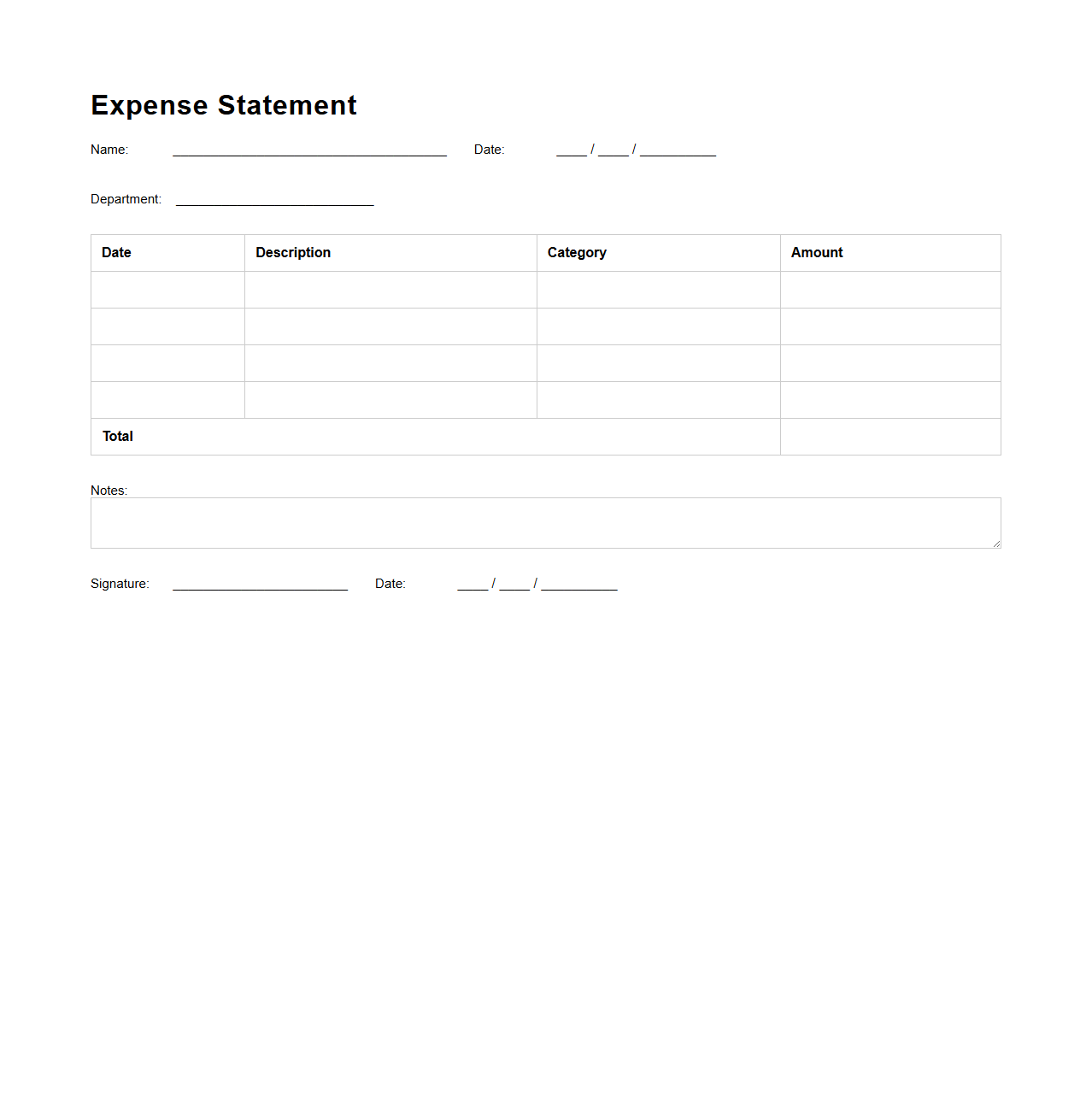 Simple Blank Expense Statement Template