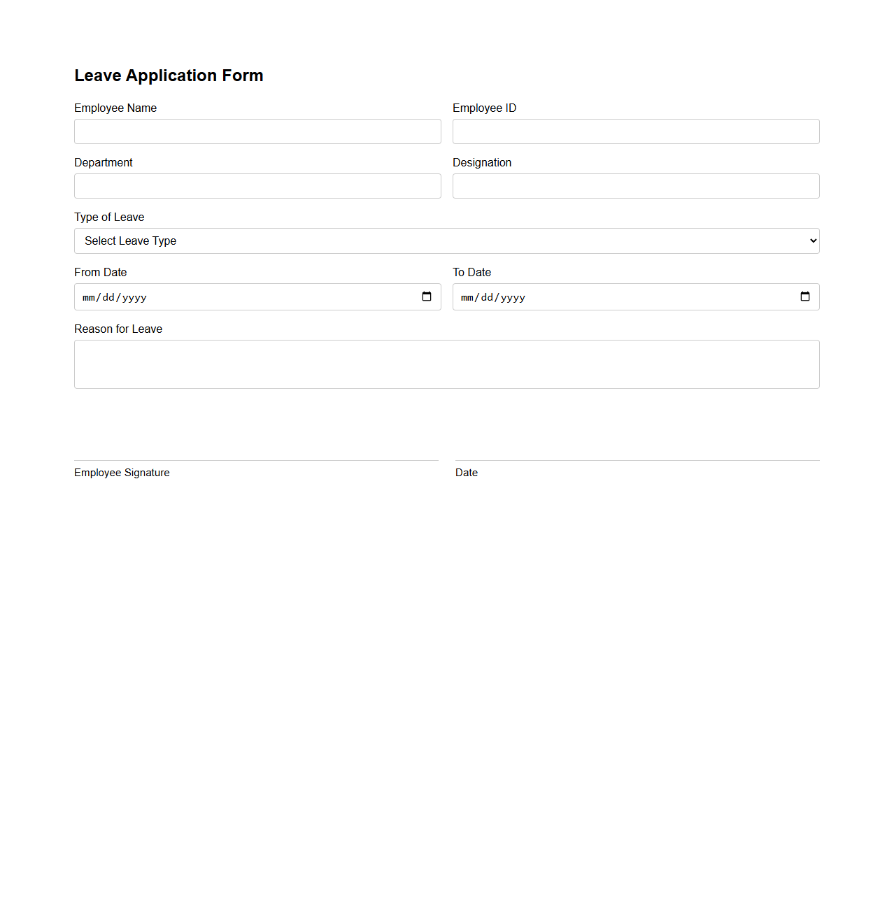 Simple Blank Leave Application Form for Employees