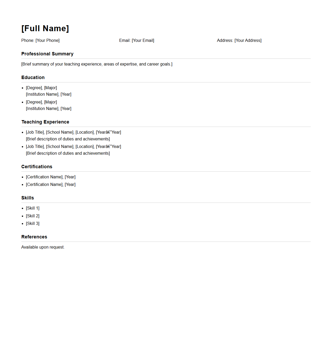 Simple Blank Teacher Resume Template for School Positions