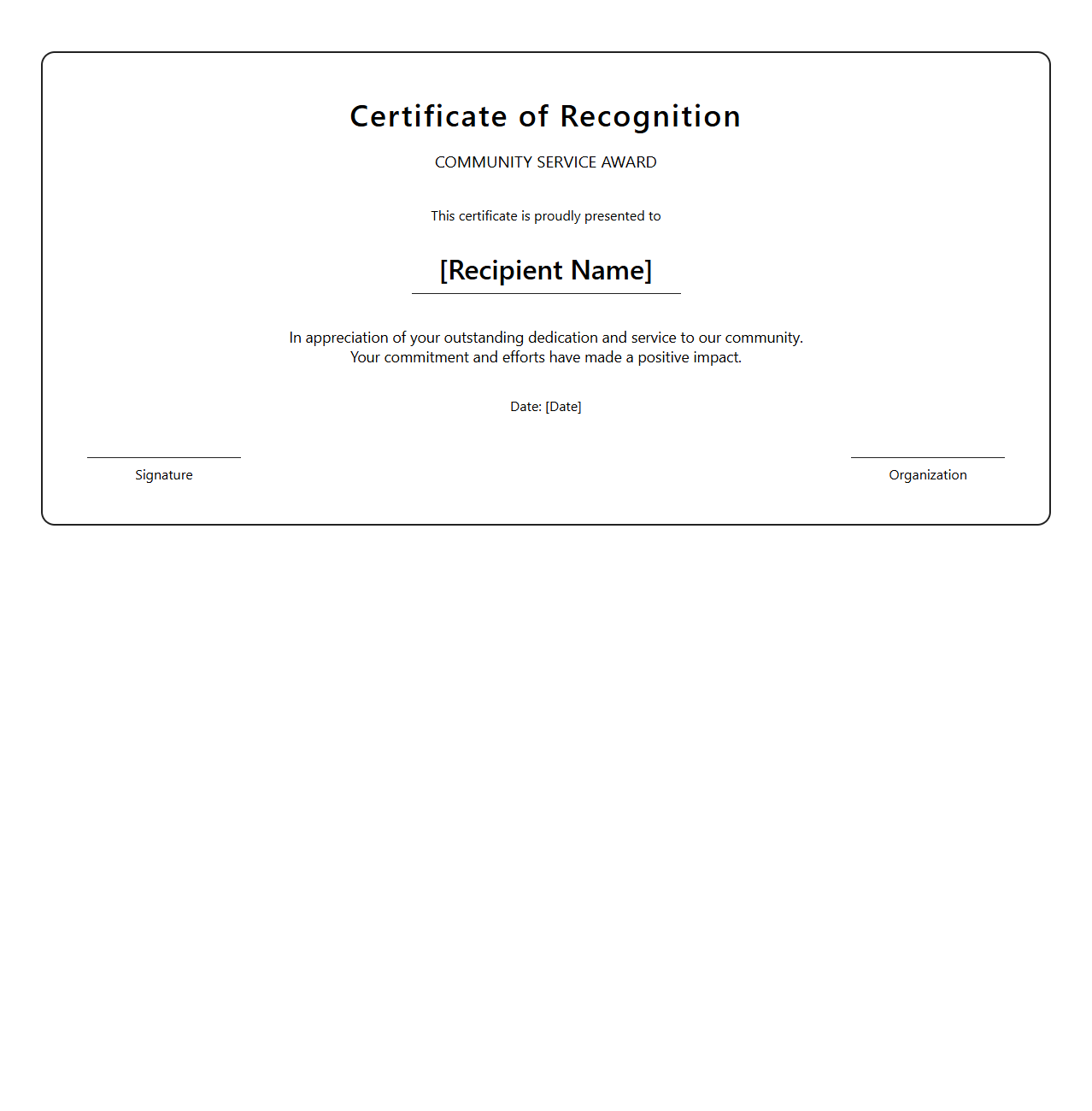 Simple Community Service Recognition Certificate Design