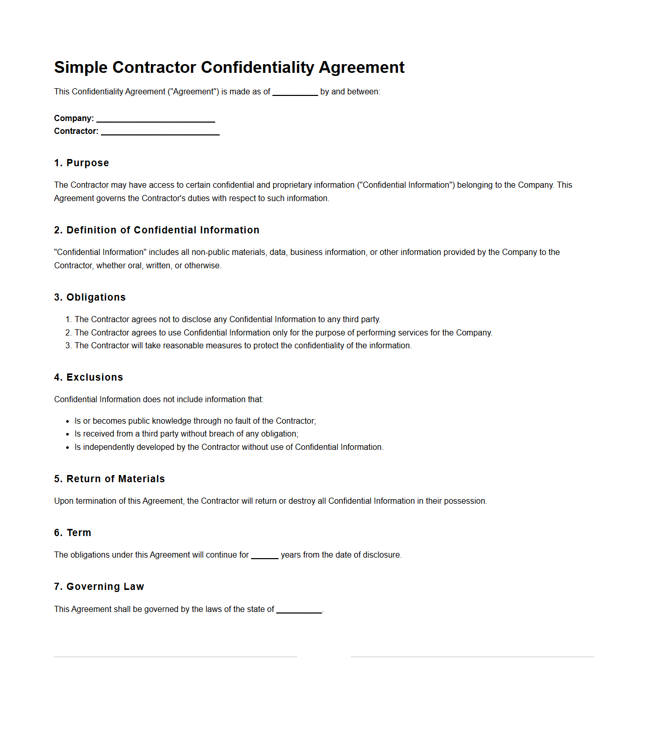 Simple Contractor Confidentiality Agreement Template