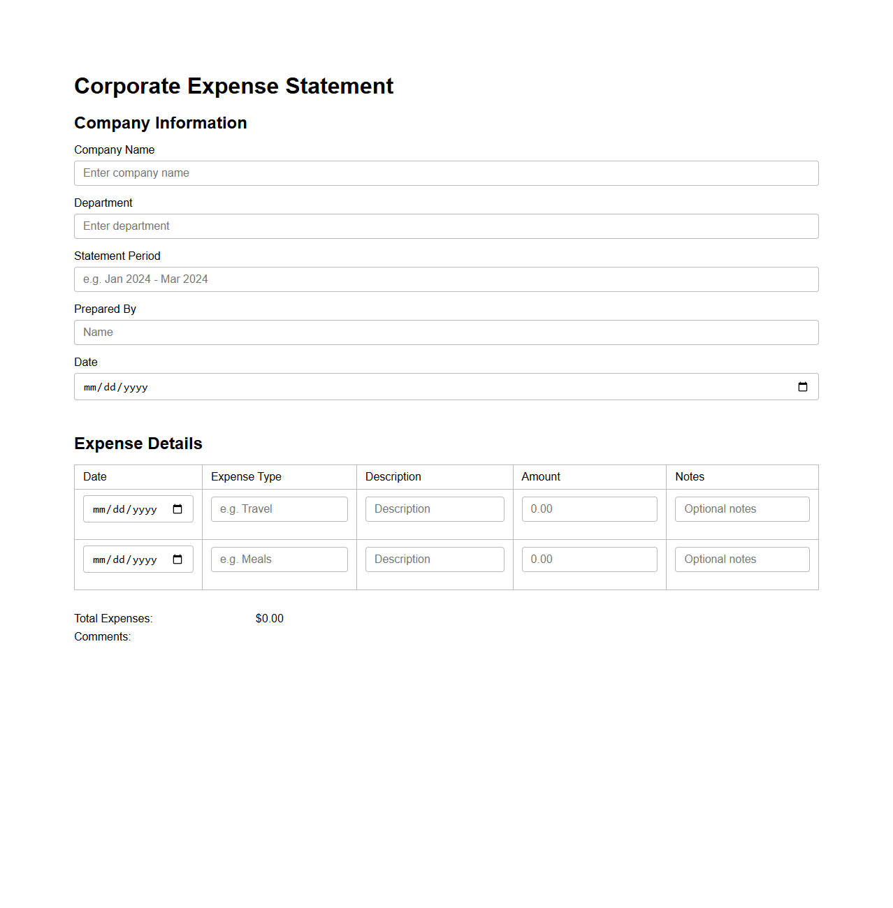 Simple Corporate Expense Statement Outline