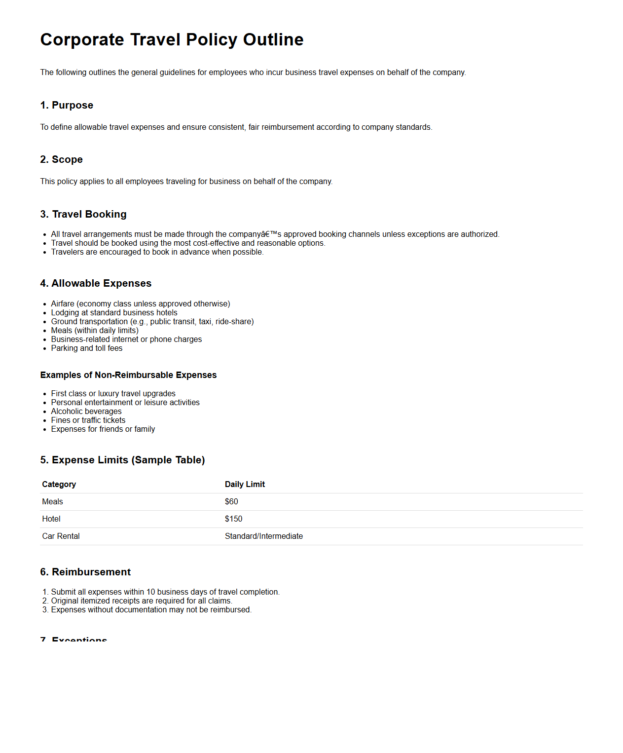 Simple Corporate Travel Policy Outline for Business Expenses