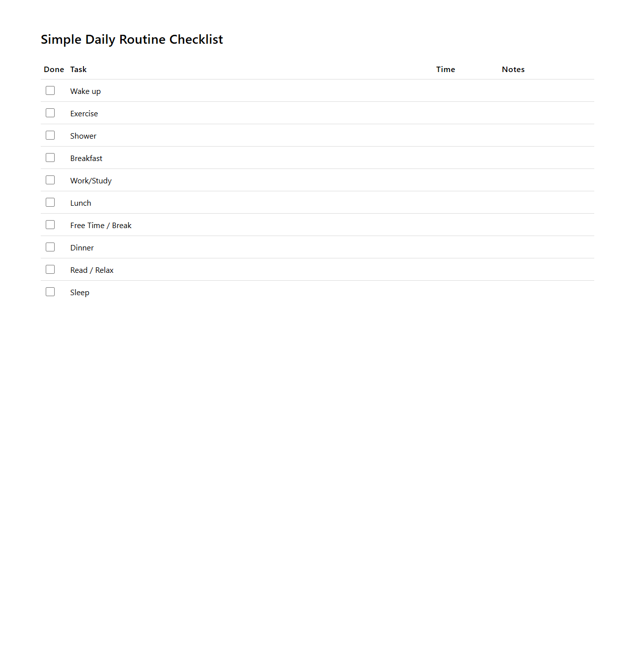 Simple Daily Routine Checklist Format