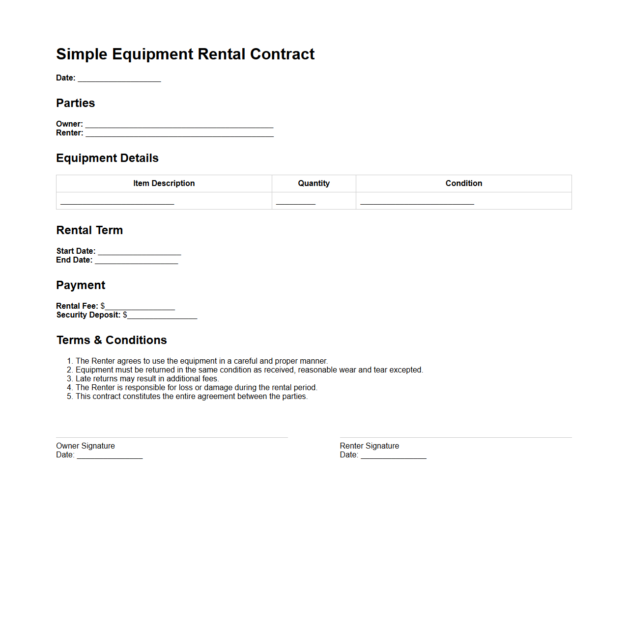 Simple Equipment Rental Contract Template