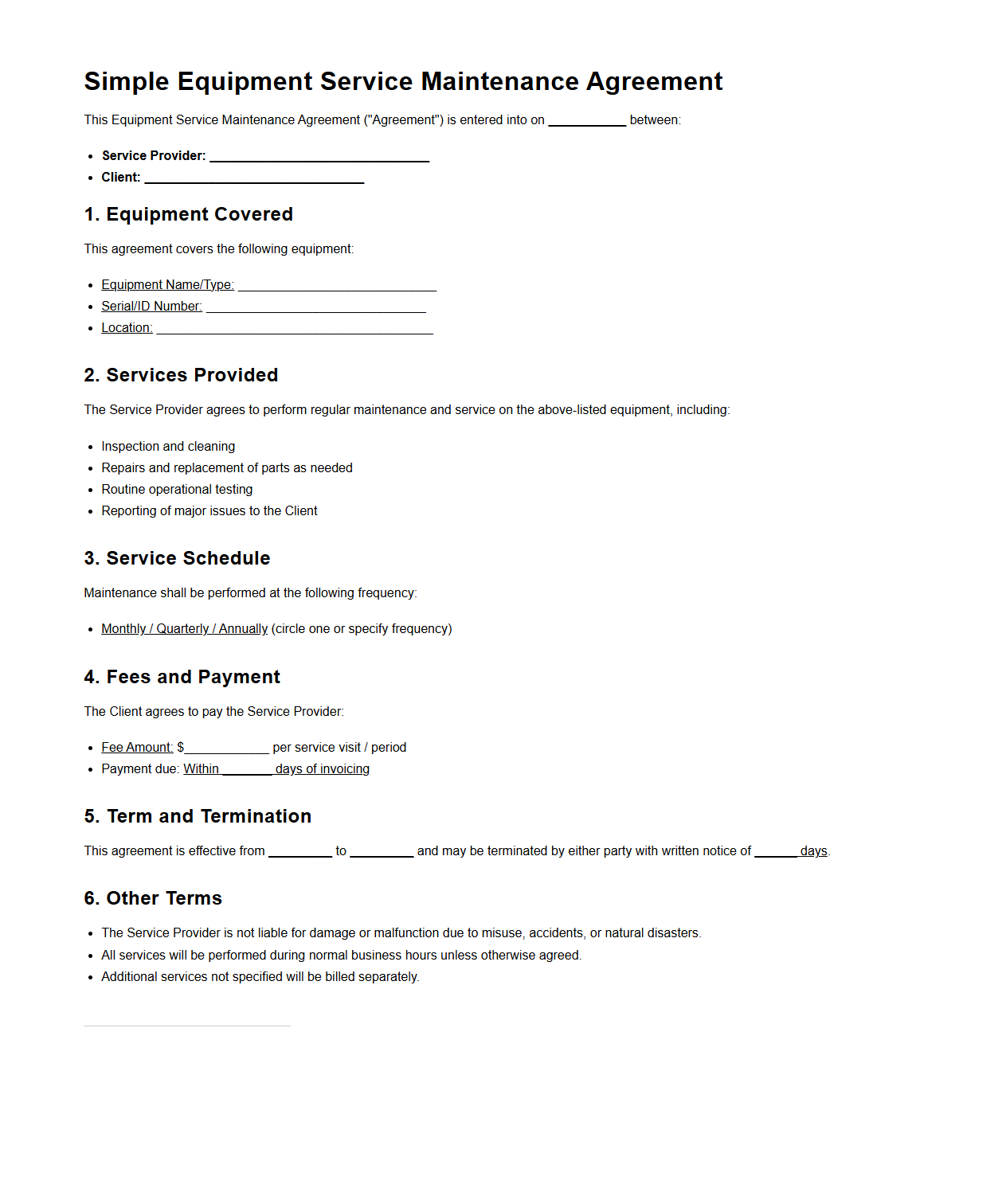 Simple Equipment Service Maintenance Agreement Draft