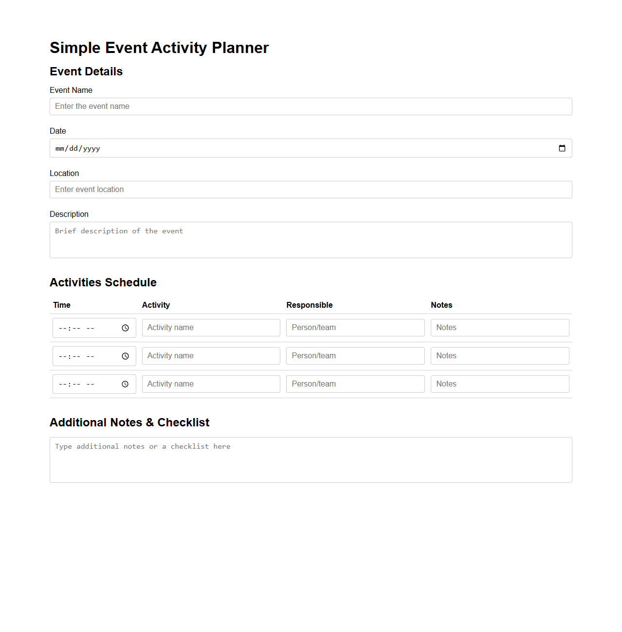 Simple Event Activity Planner Template