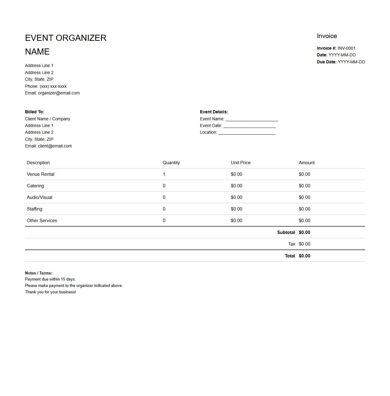 Simple Event Invoice Template for Organizers