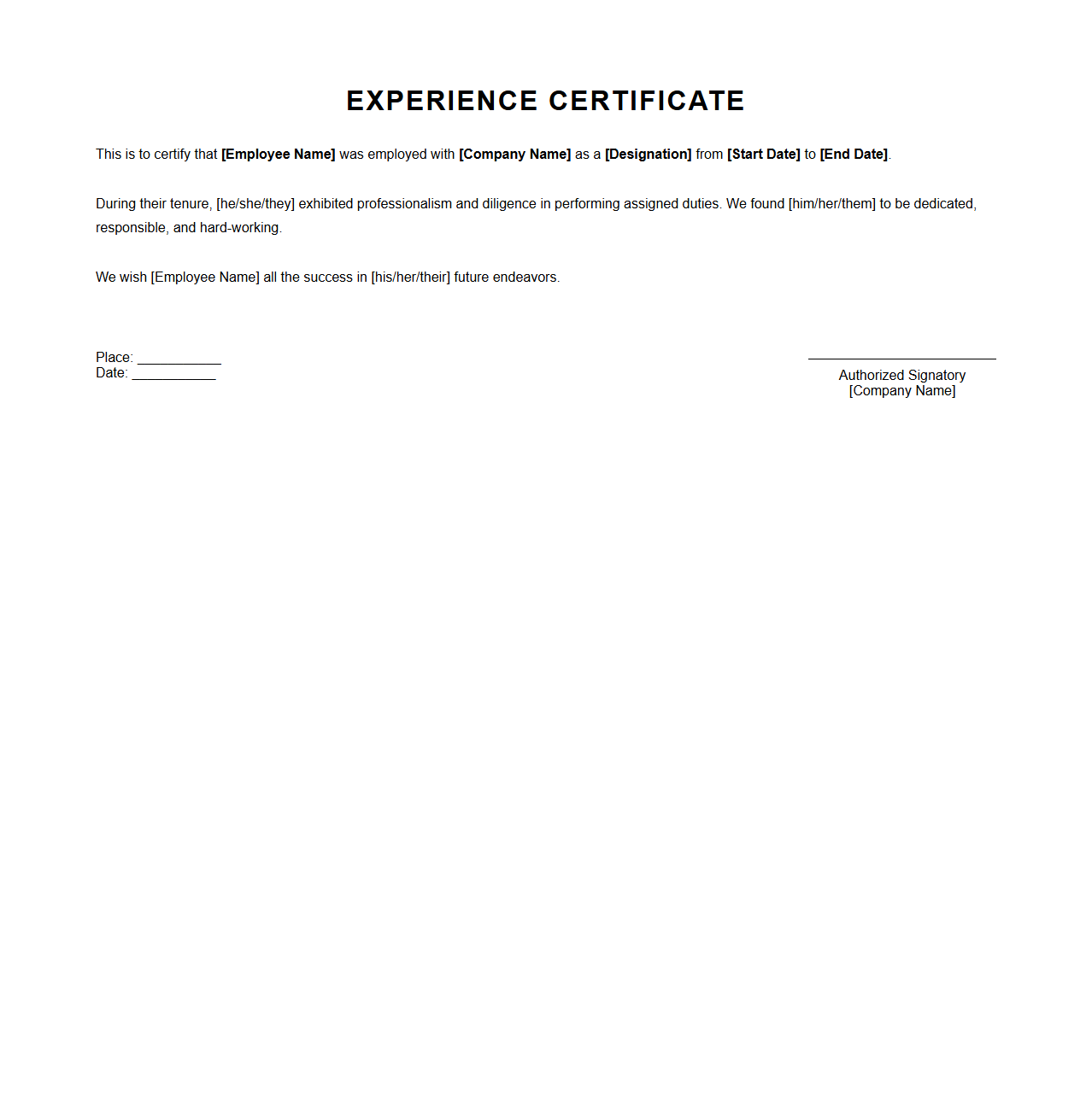 Simple Experience Certificate Template for Employees