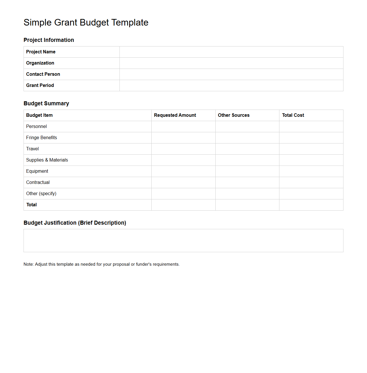 Simple Grant Budget Template for Funding Proposals