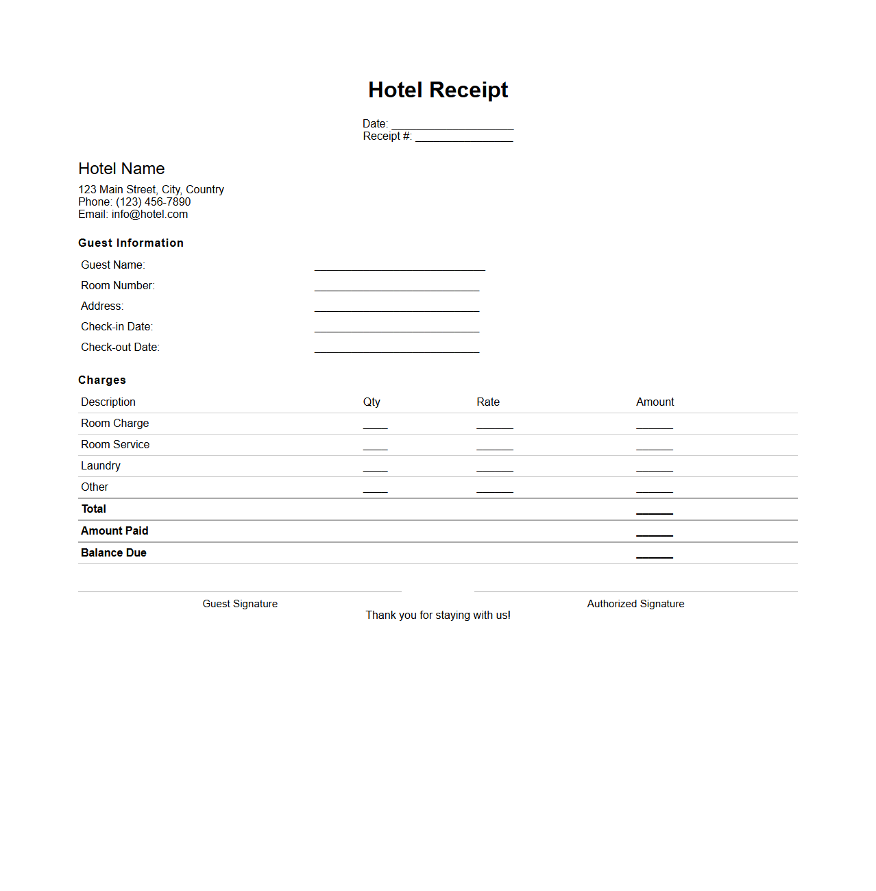 Simple Hotel Receipt Template for Guest Stays