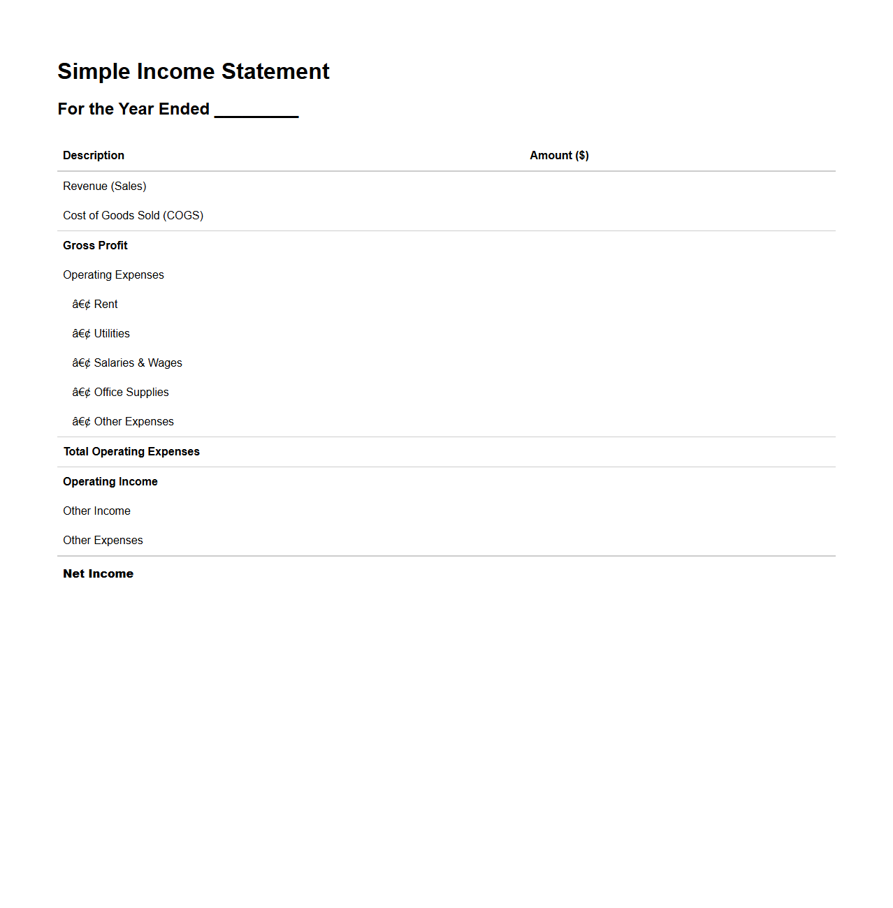 Simple Income Statement Template for Small Businesses