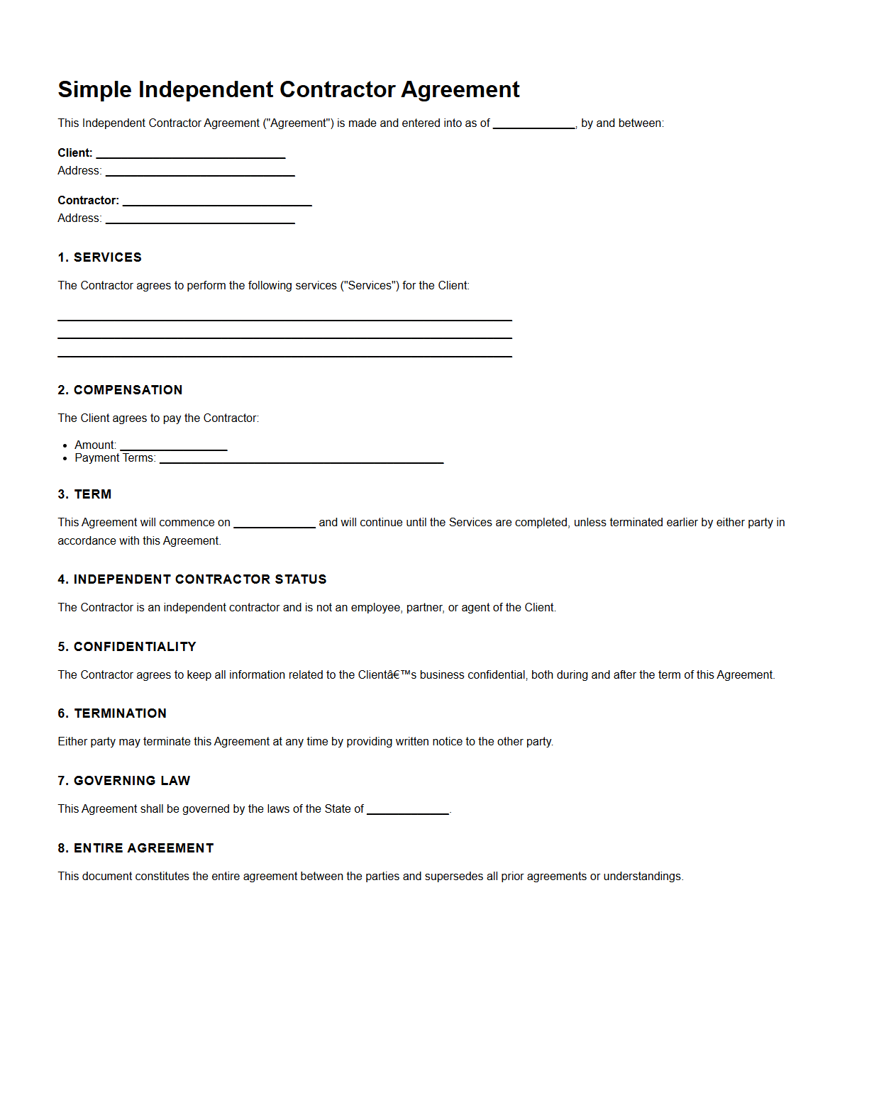 Simple Independent Contractor Agreement Template for Projects