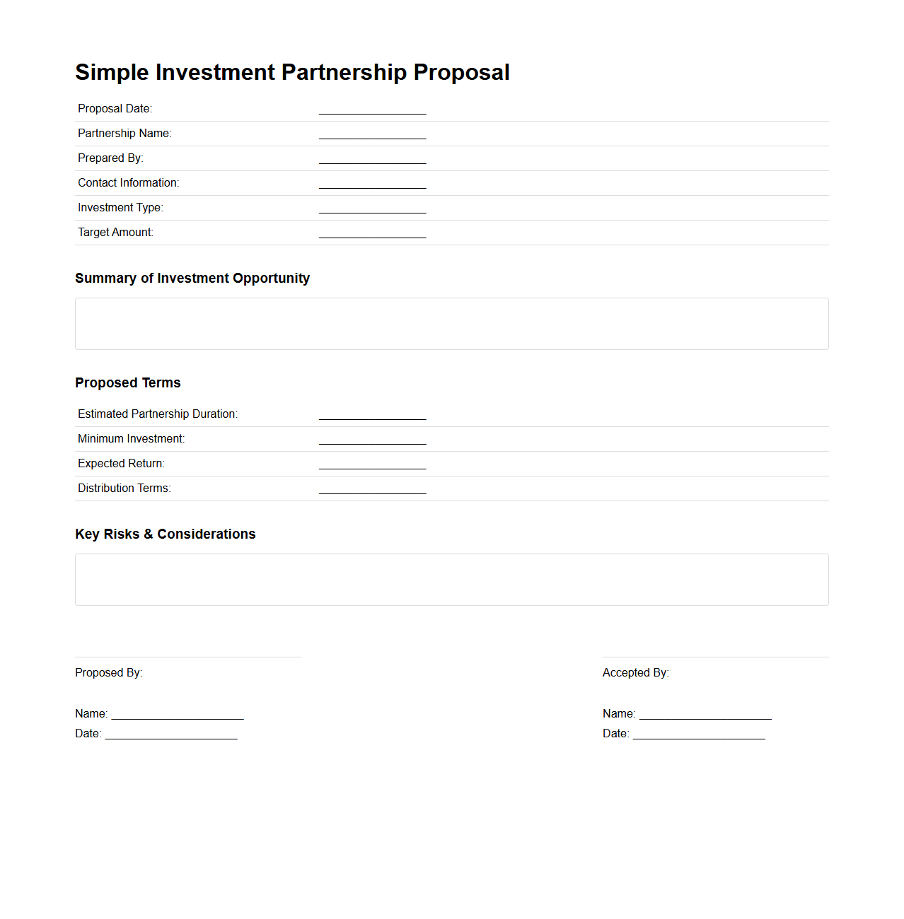 Simple Investment Partnership Proposal Sheet