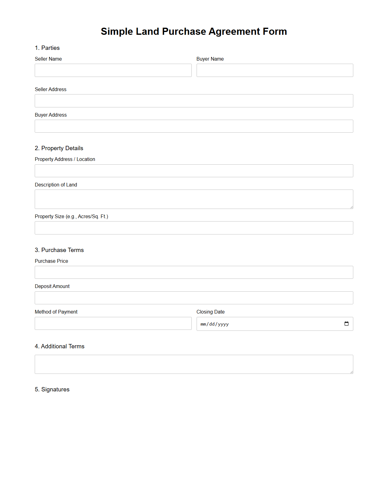 Simple Land Purchase Agreement Form