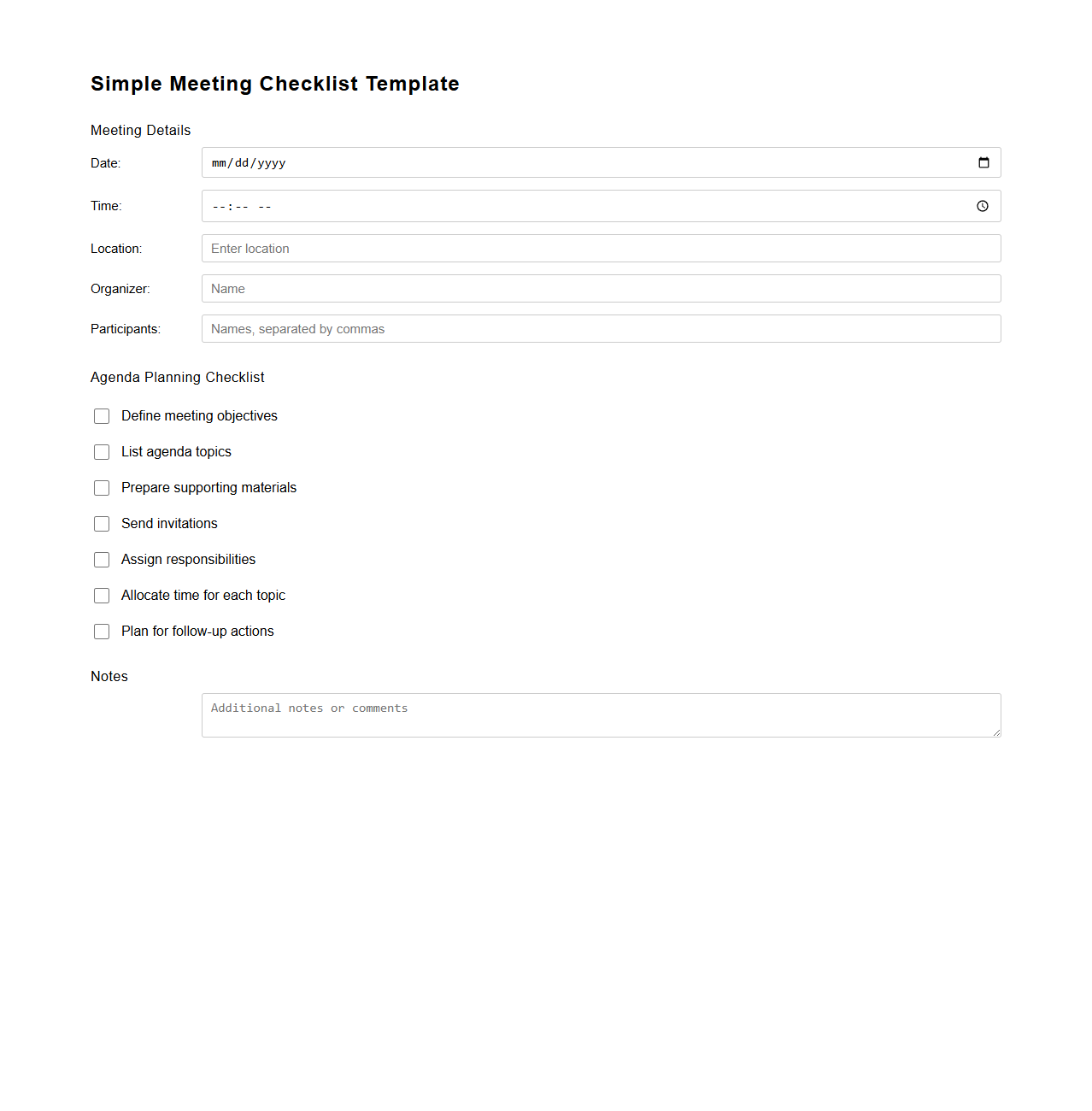 Simple Meeting Checklist Template for Agenda Planning