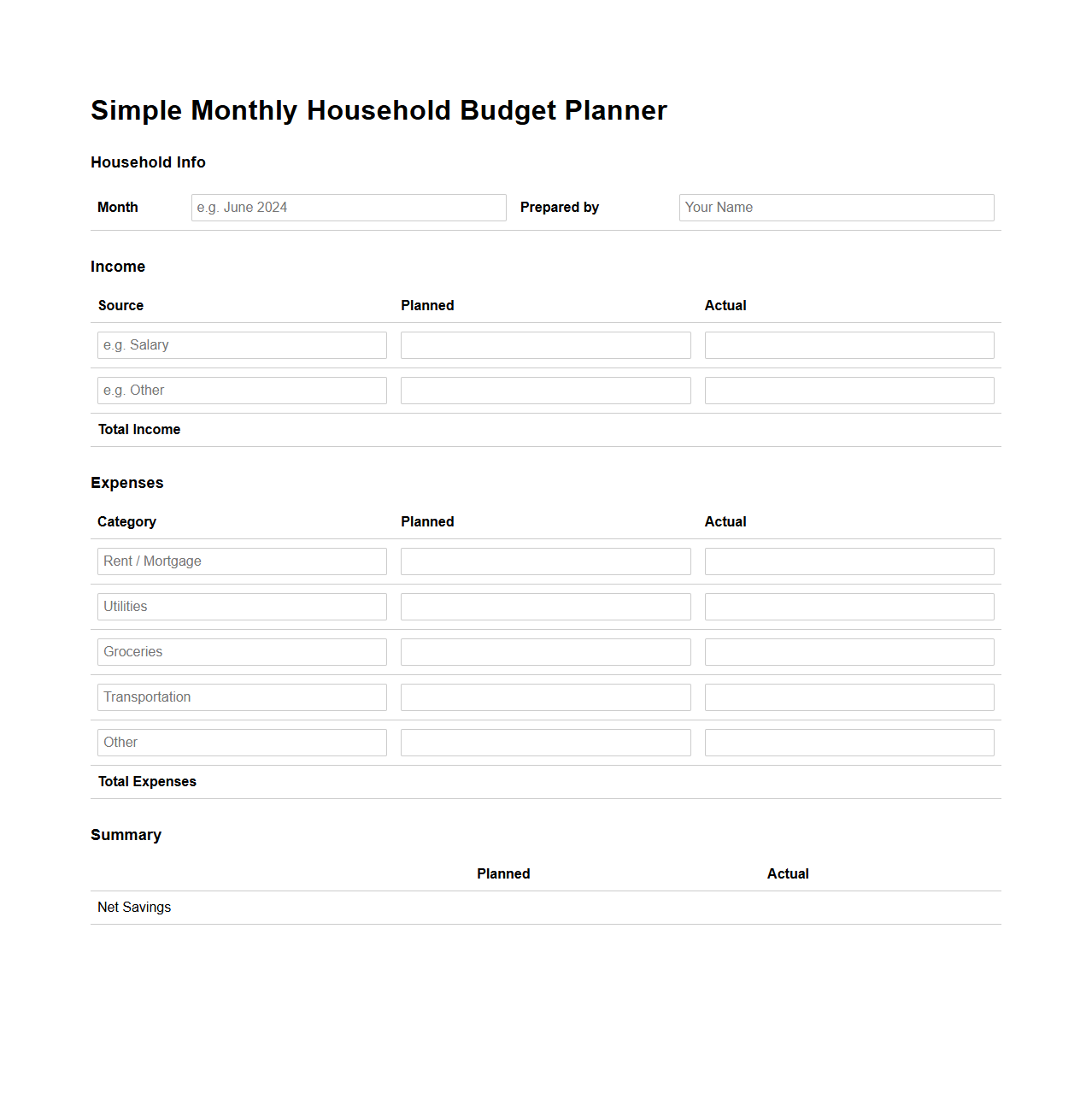 Simple Monthly Household Budget Planner