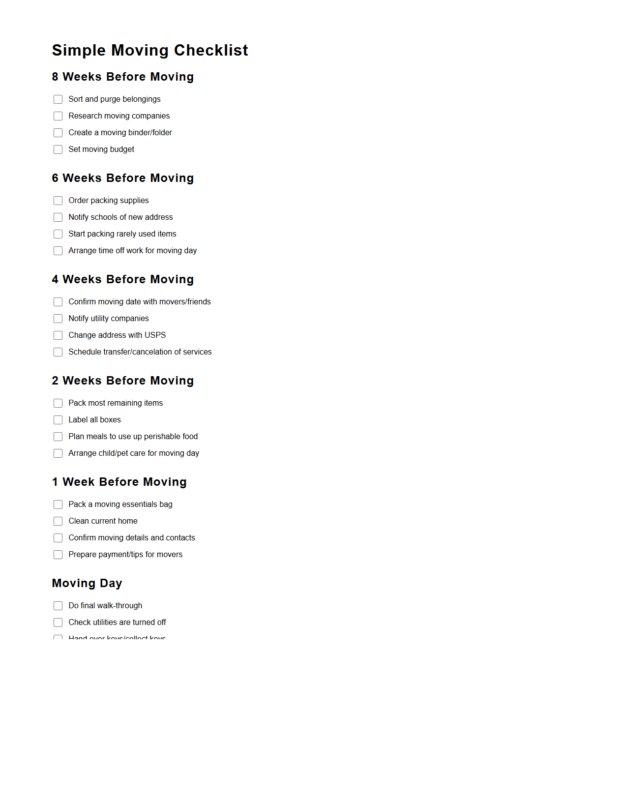 Simple Moving Checklist Template for Organized Relocation