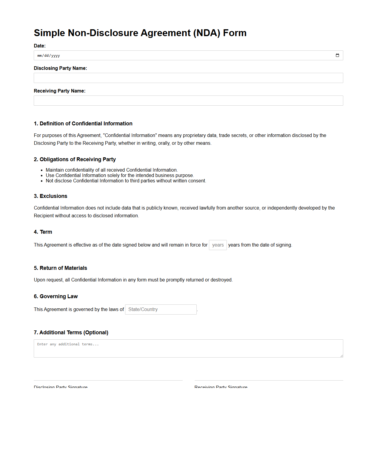 Simple Non-Disclosure Agreement Form for Proprietary Data