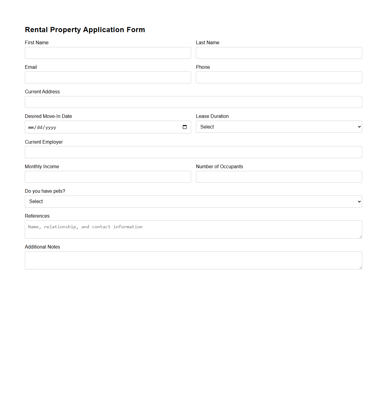 Simple Rental Property Application Form