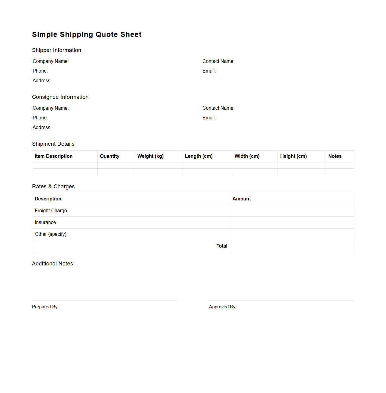 Simple Shipping Quote Sheet for Logistics Orders