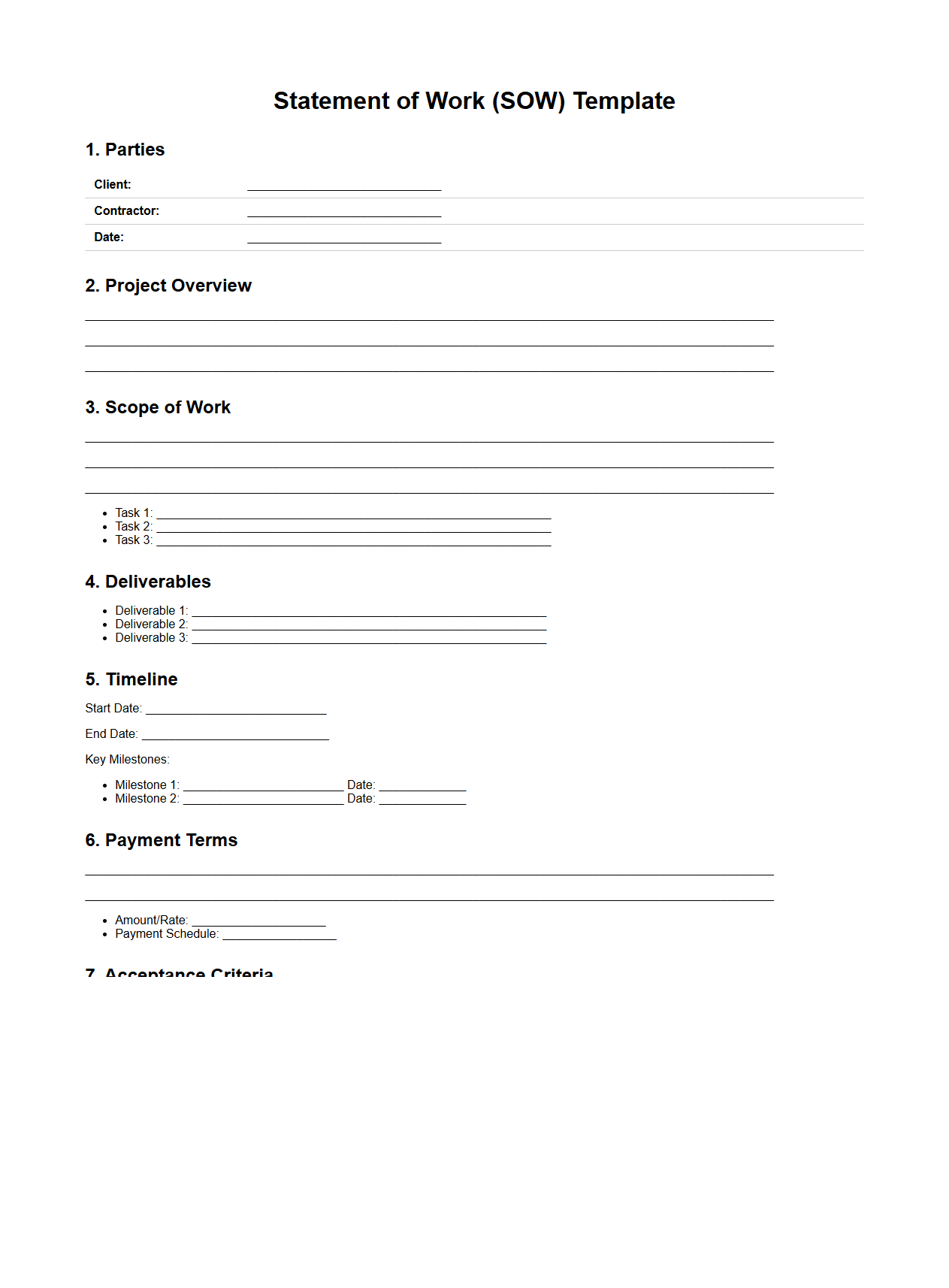 Simple Statement of Work Template for Contract Agreements