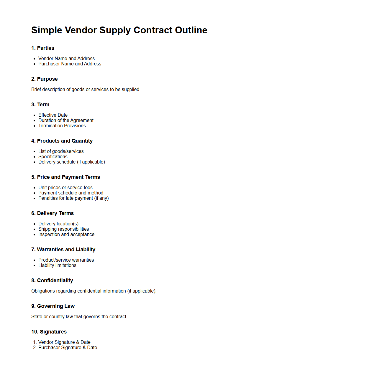 Simple Vendor Supply Contract Outline