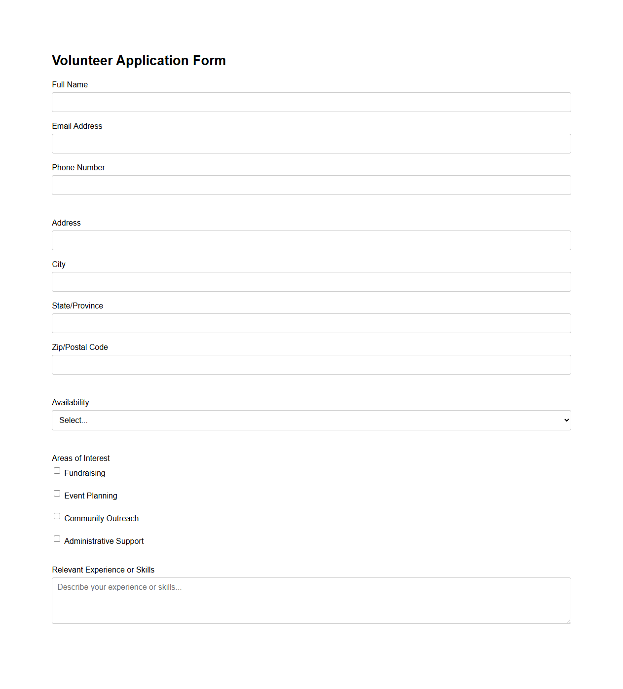 Simple Volunteer Application Form Template for Nonprofits