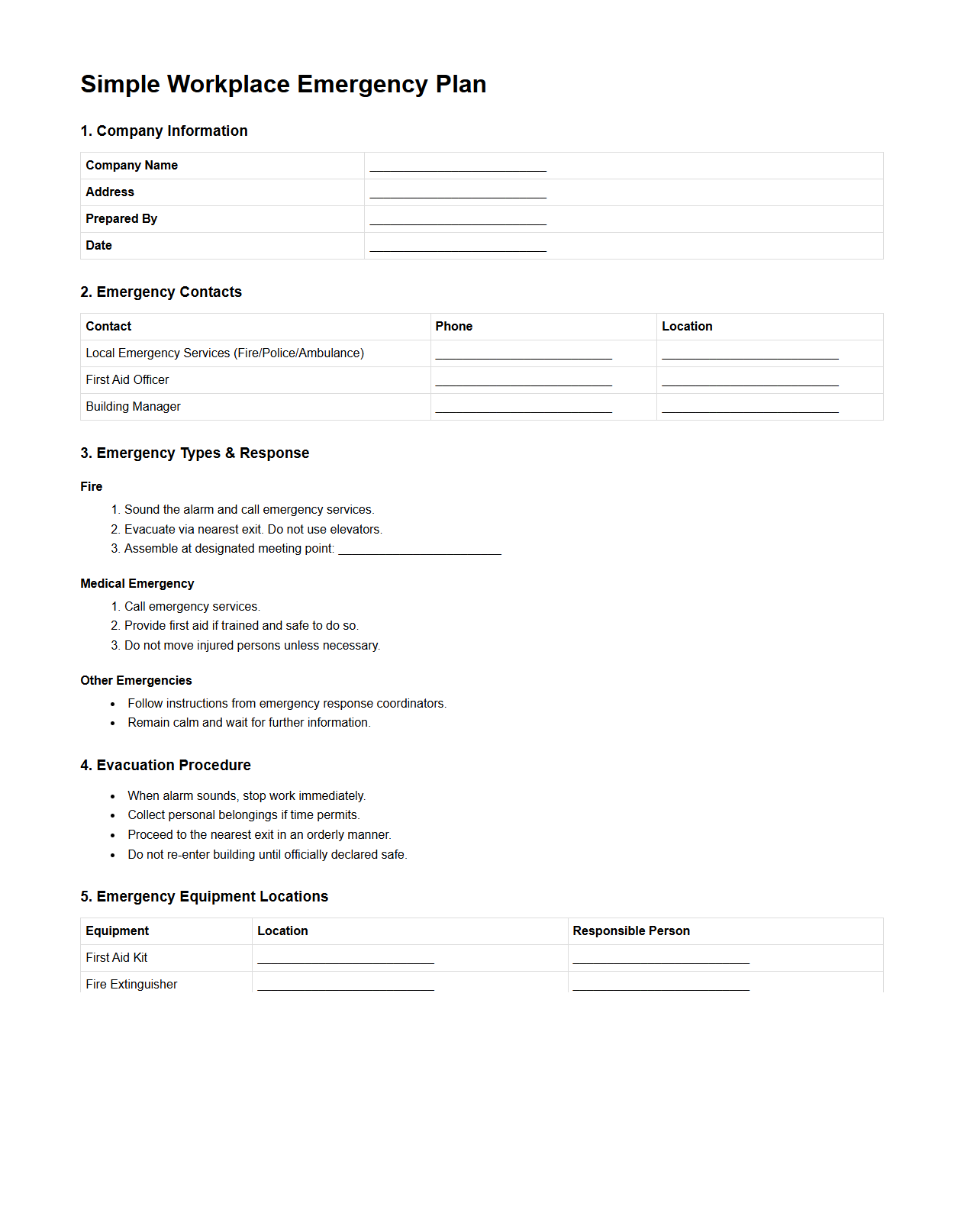 Simple Workplace Emergency Plan Document