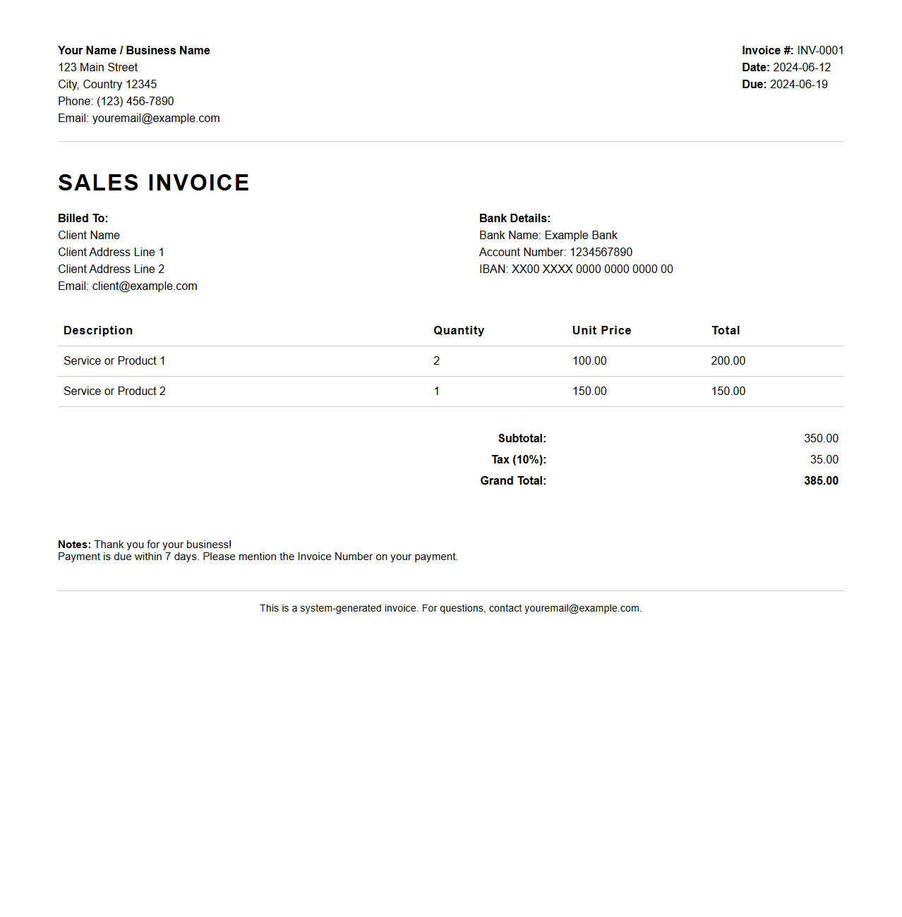 Single-Page Sales Invoice for Sole Proprietors