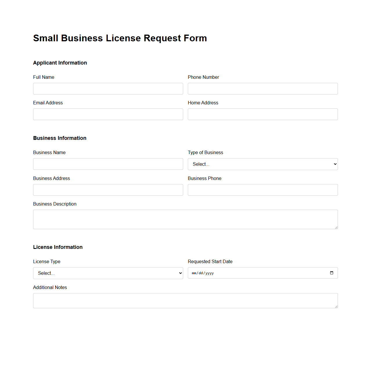 Small Business License Request Form Layout
