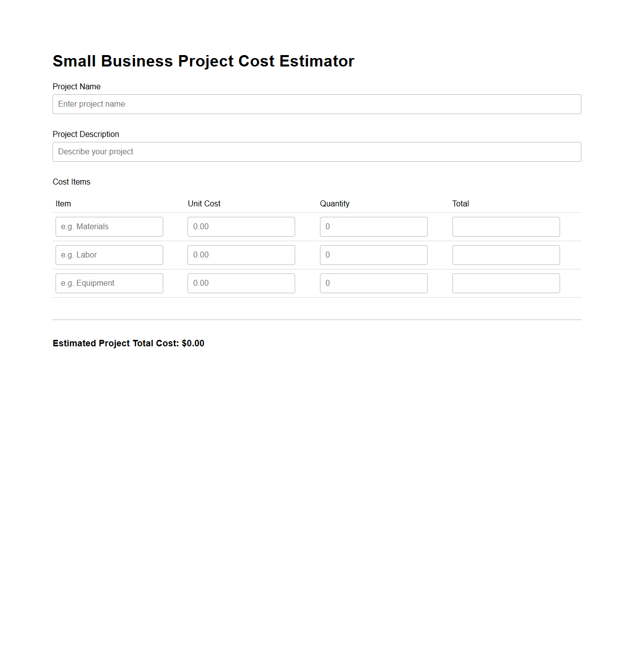 Small Business Project Cost Estimator
