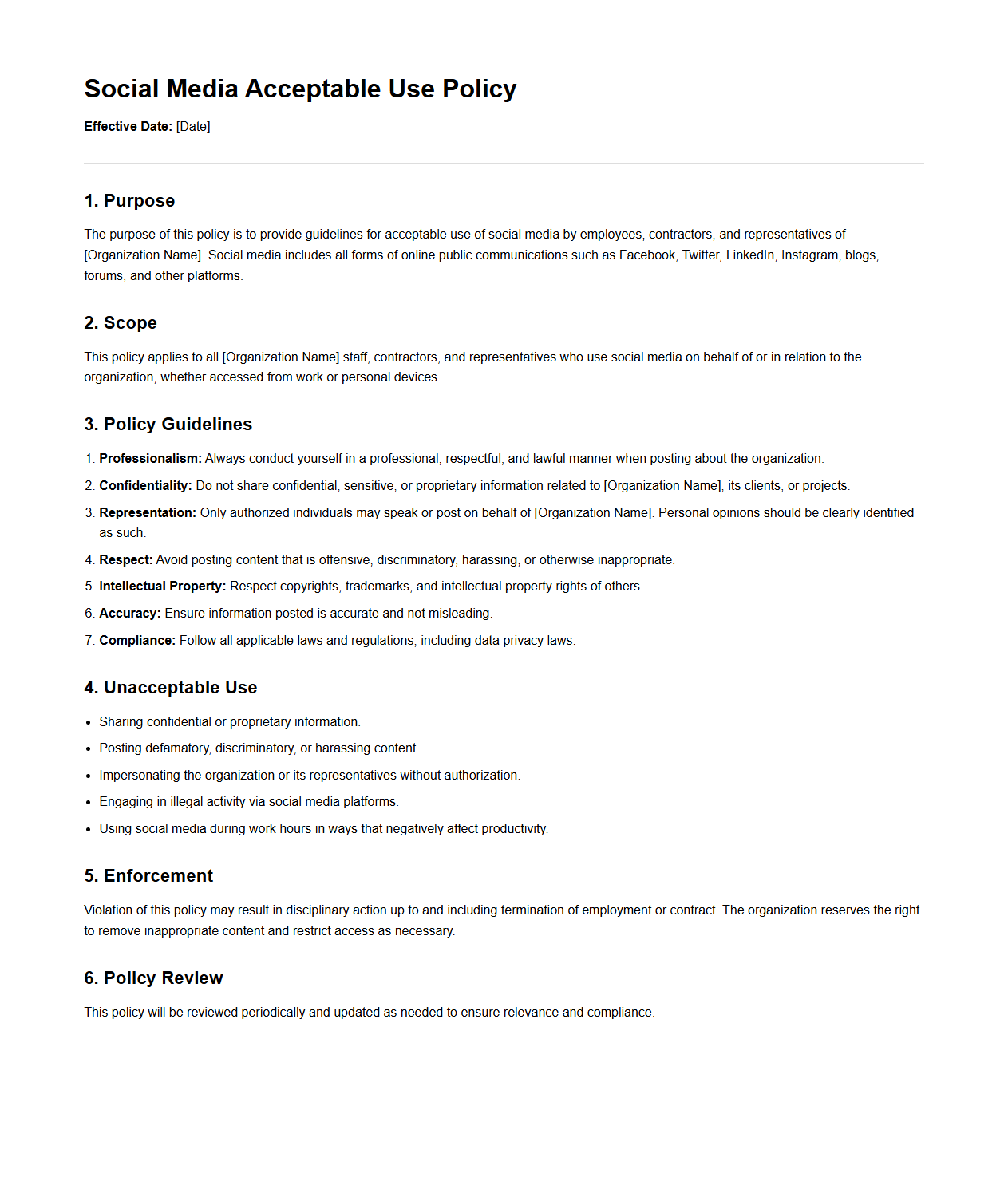 Social Media Acceptable Use Policy Template
