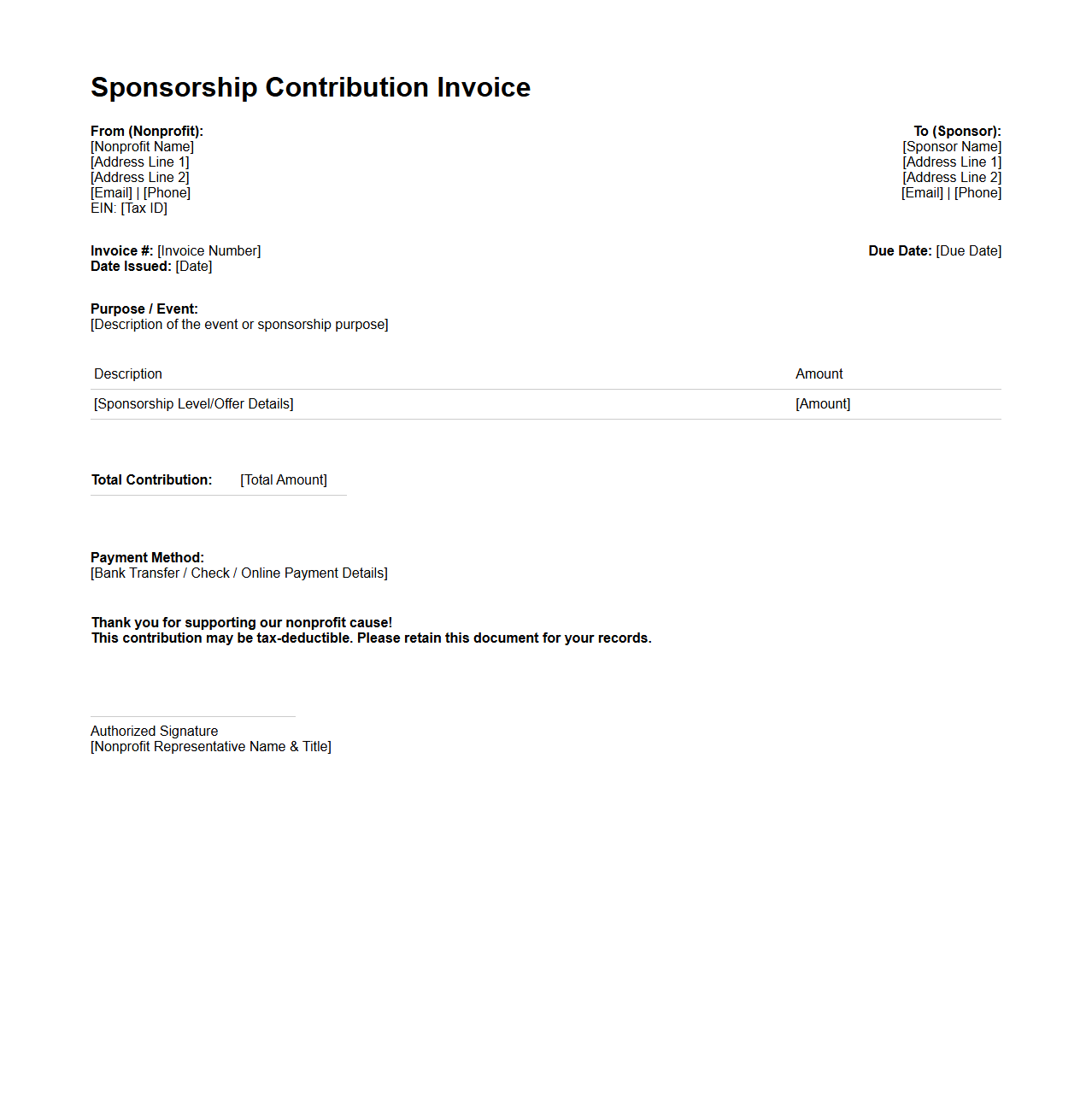 Sponsorship Contribution Invoice for Nonprofit Causes