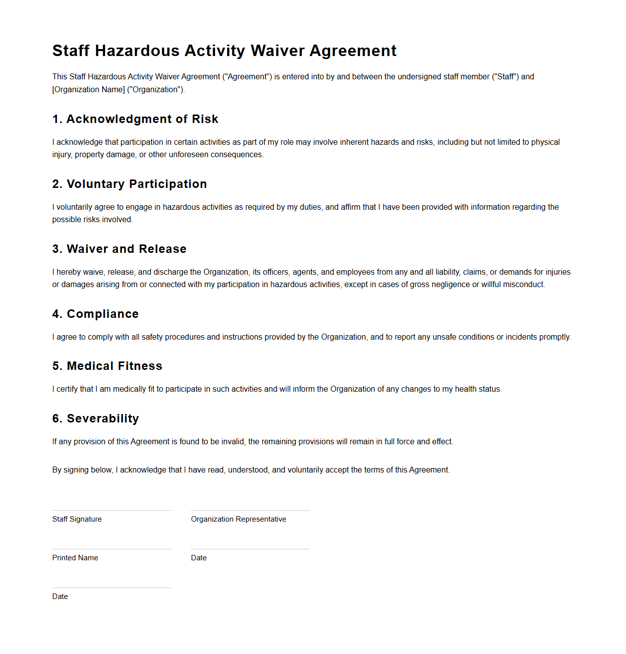 Staff Hazardous Activity Waiver Agreement