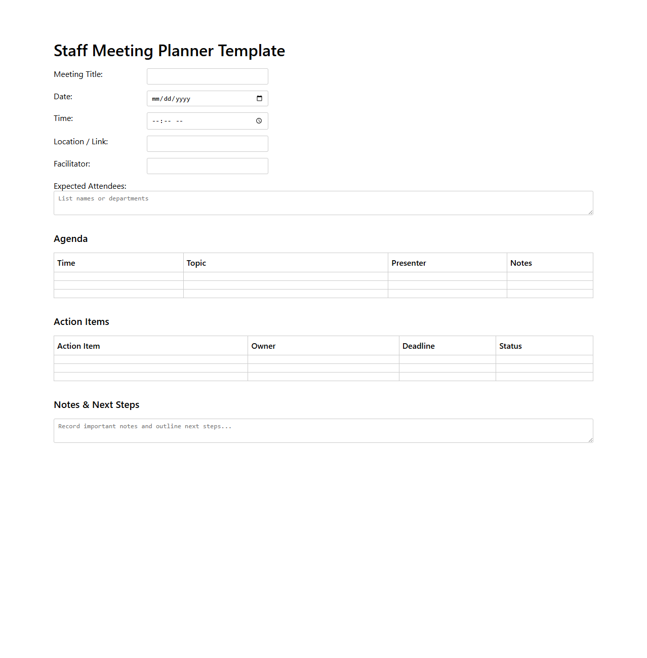 Staff Meeting Planner Template for Organizations