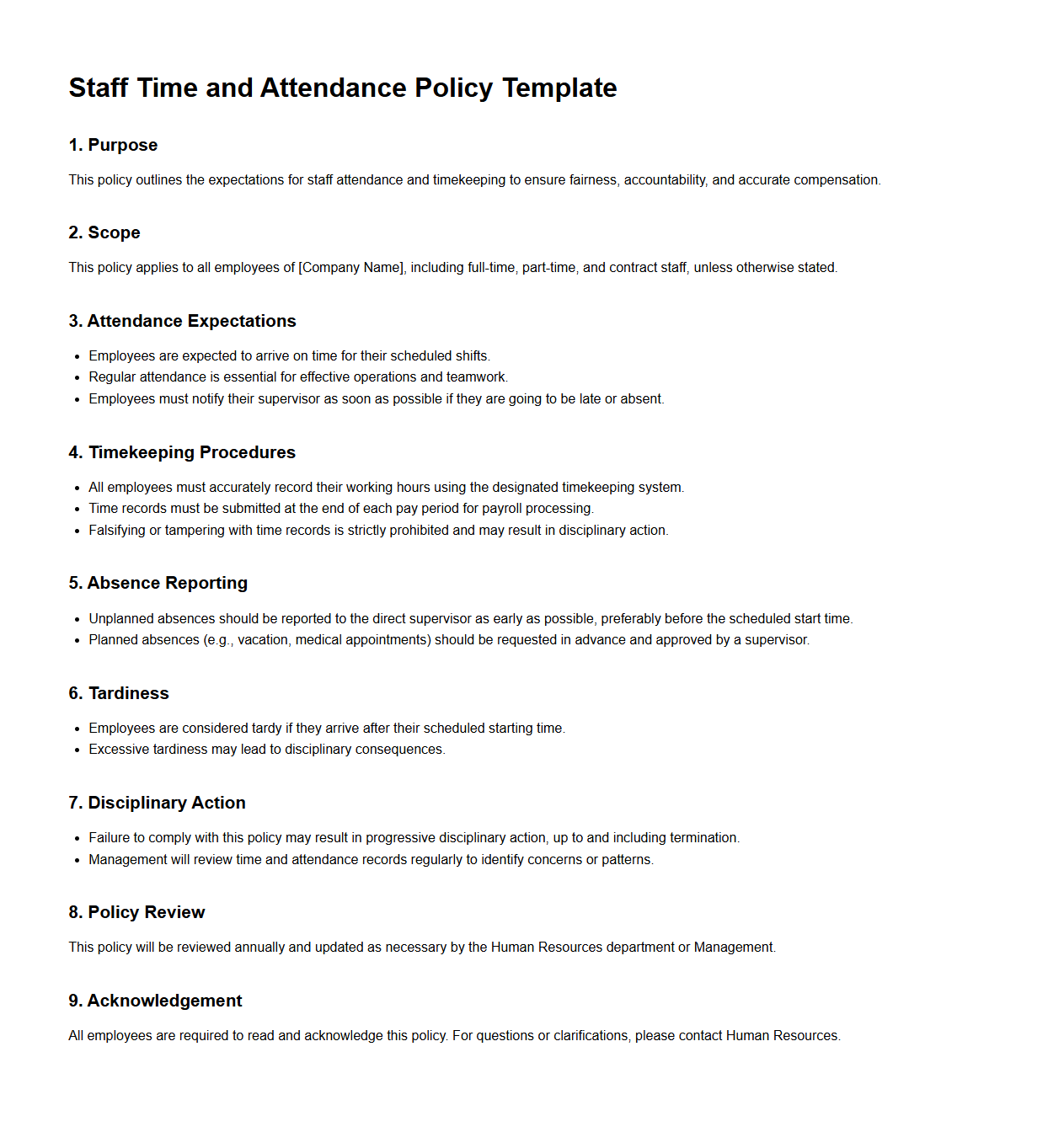 Staff Time and Attendance Policy Template