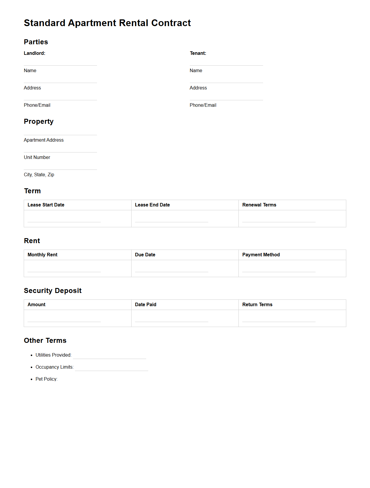 Standard Apartment Rental Contract Template