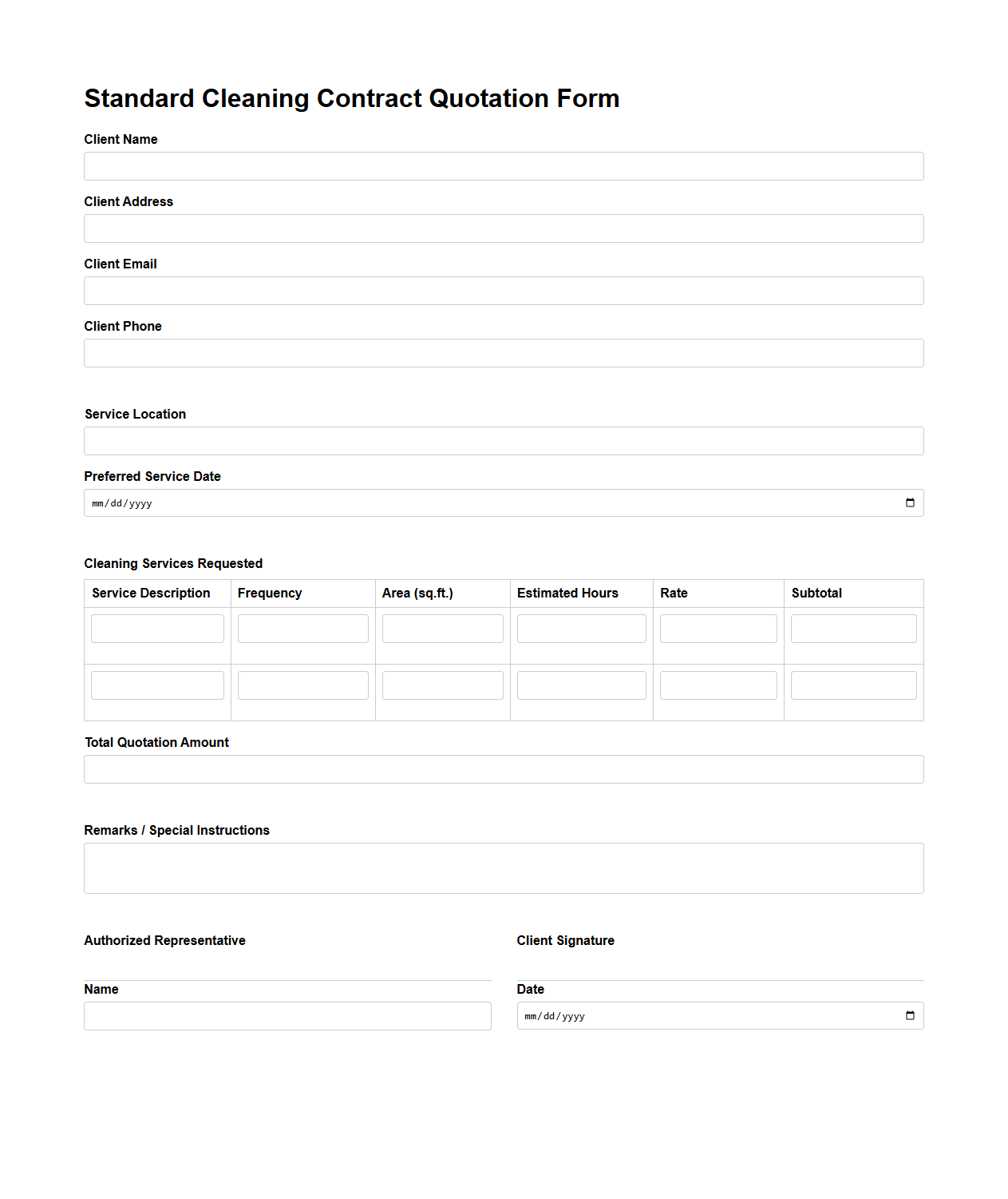 Standard Cleaning Contract Quotation Form