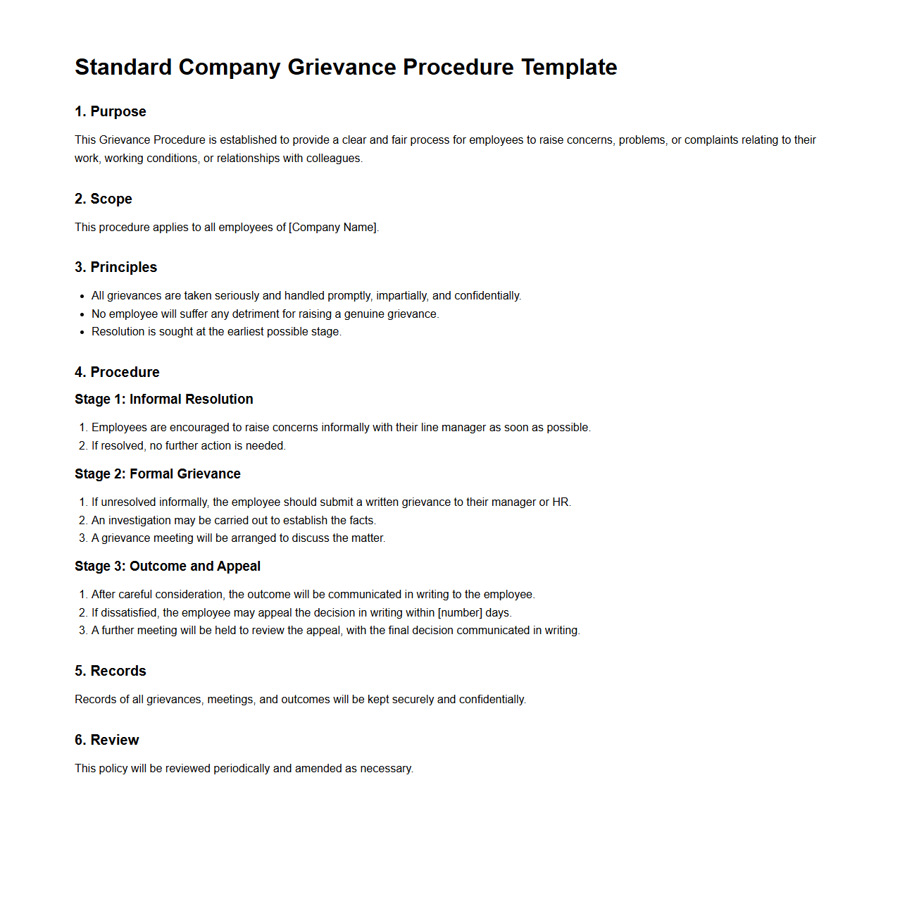 Standard Company Grievance Procedure Template