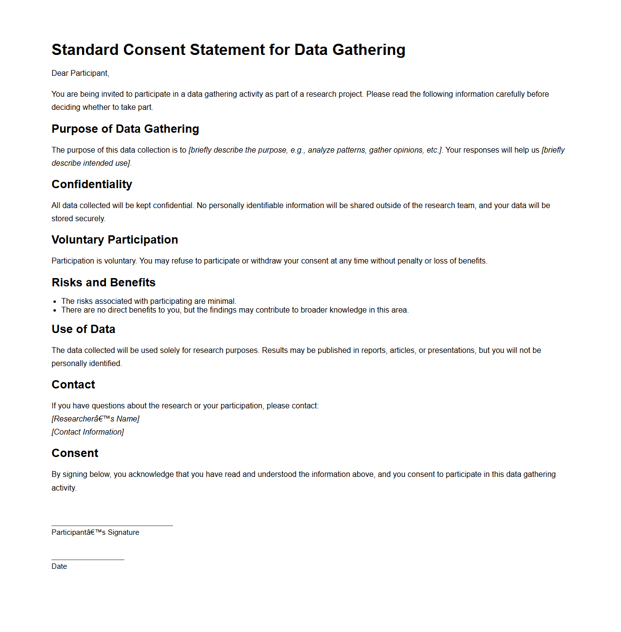 Standard Consent Statement Format for Data Gathering