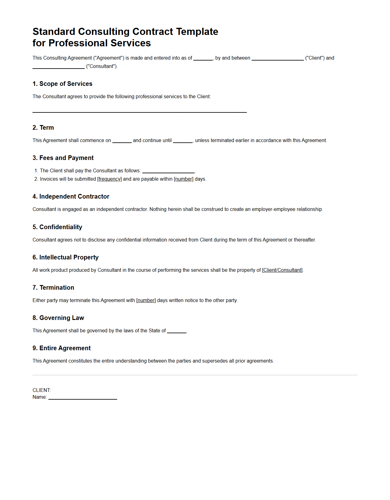 Standard Consulting Contract Template for Professional Services