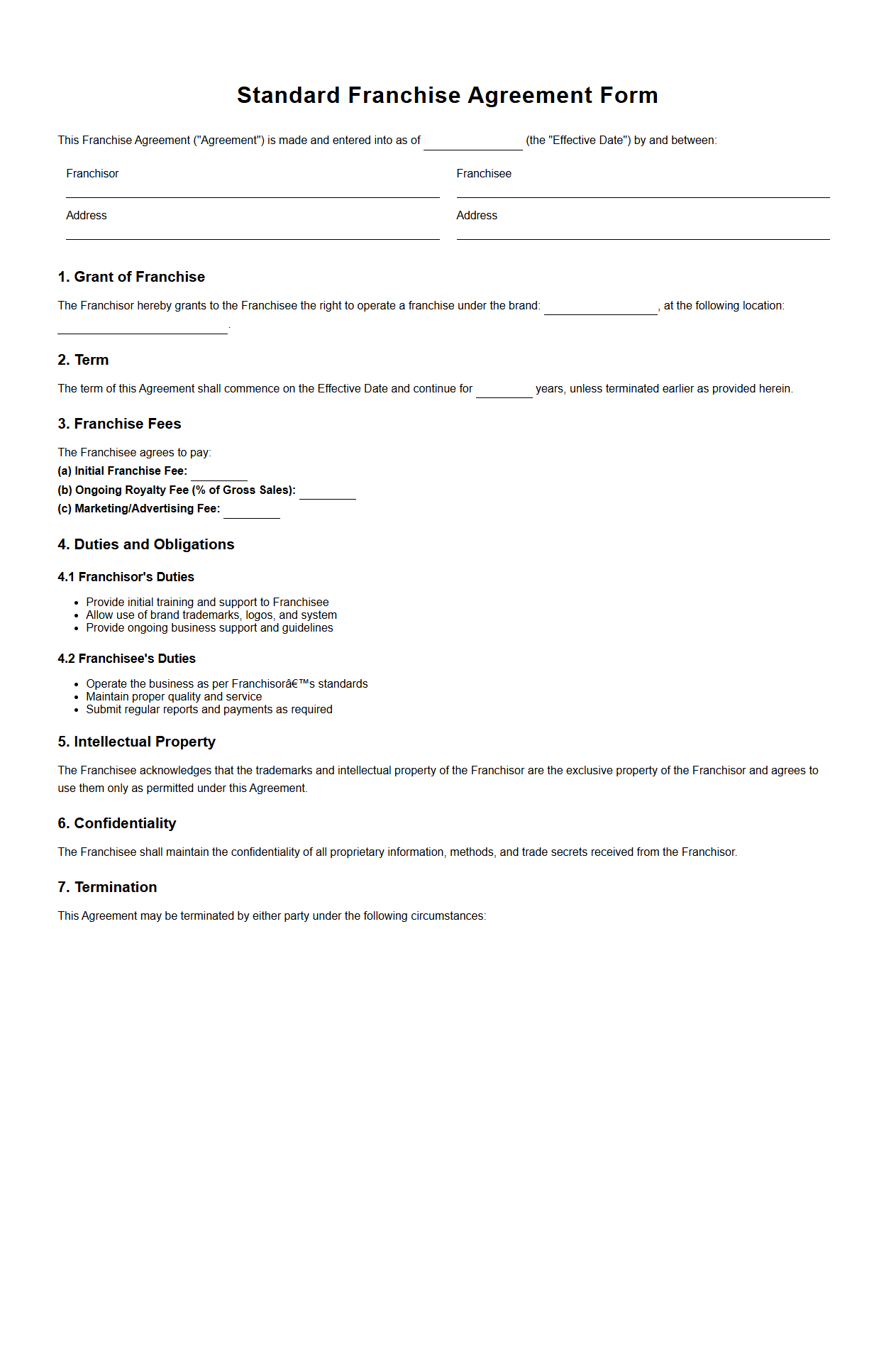 Standard Franchise Agreement Form for Startup Franchisors